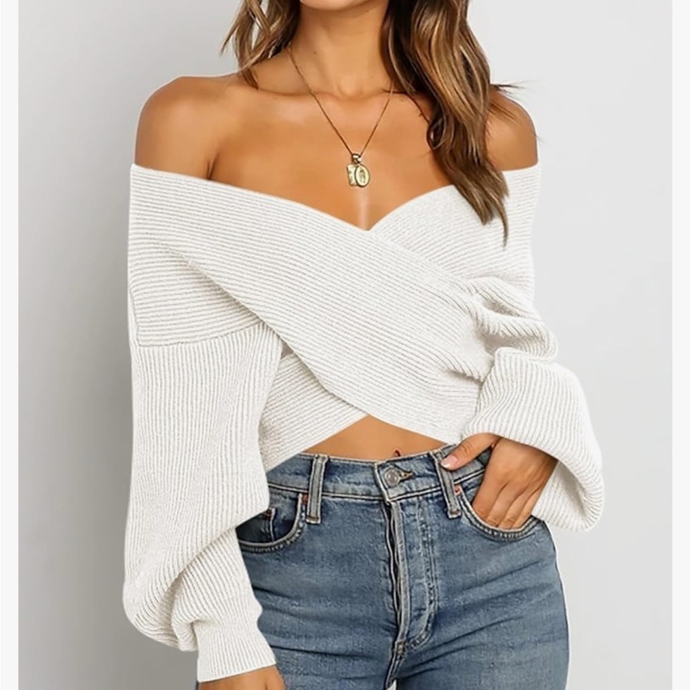 BTFBM Off The Shoulder Sweater  V Neck Long Sleeve Ribbed Knit Wrap Cropped L - Picture 6 of 8